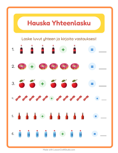 Esikatselu: Yhteenlasku-tehtäväarkki, aiheena Ruokakaupassa, Esiopetus