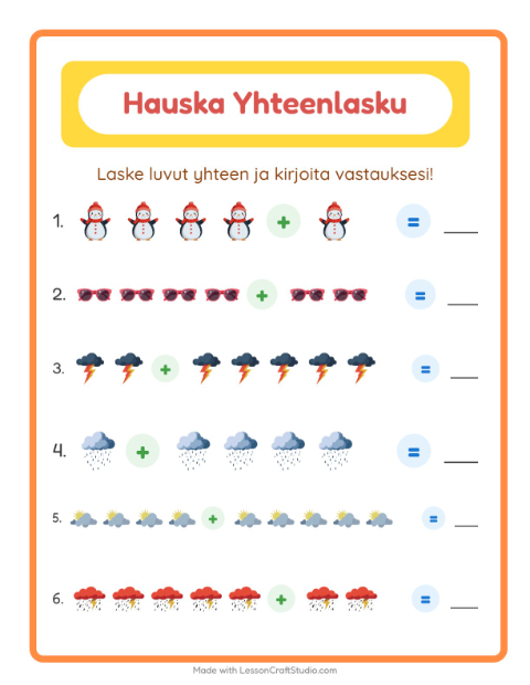 Esikatselu: Yhteenlasku-tehtäväarkki, aiheena Sää, Esiopetus