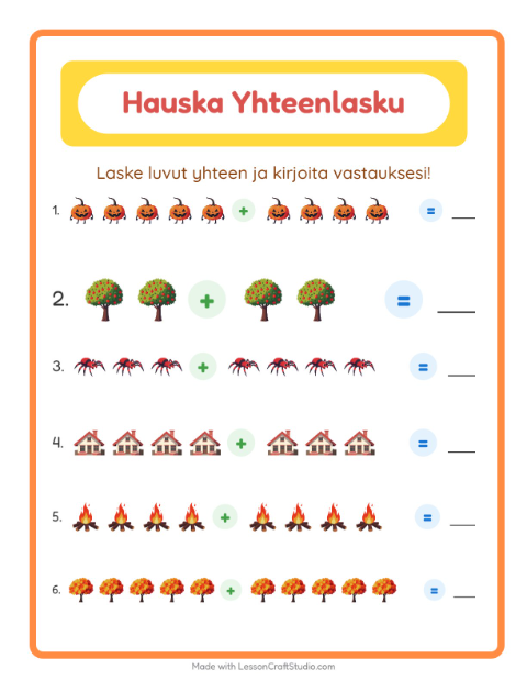 Esikatselu: Yhteenlasku-tehtäväarkki, aiheena Sekalaista, Esiopetus