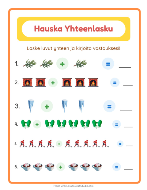 Esikatselu: Yhteenlasku-tehtäväarkki, aiheena Talvi, Esiopetus