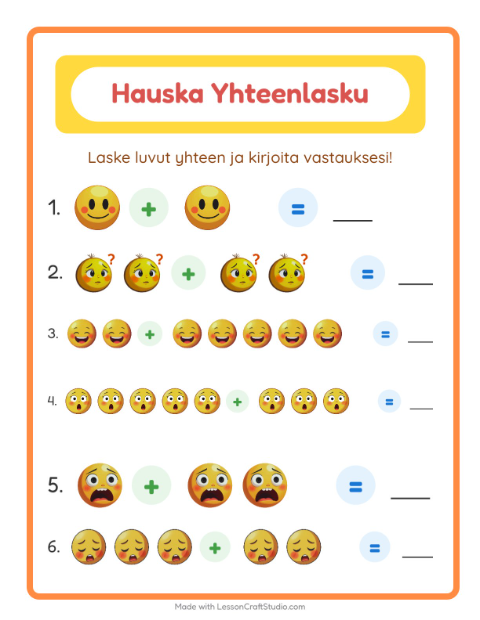Esikatselu: Yhteenlasku-tehtäväarkki, aiheena Tunteet, Esiopetus