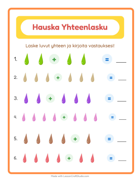 Esikatselu: Yhteenlasku-tehtäväarkki, aiheena Värit, Esiopetus