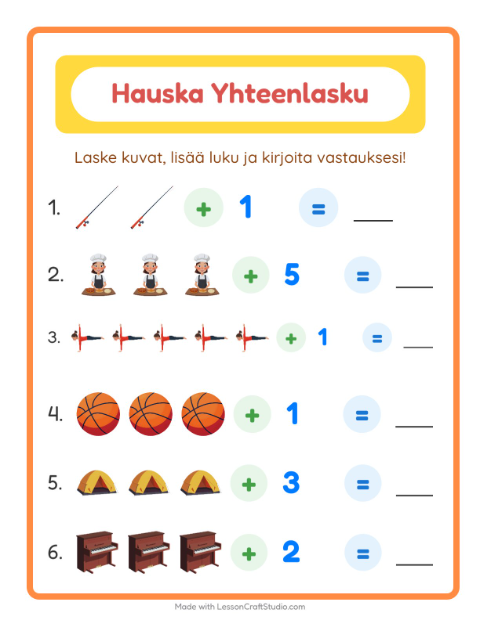 Esikatselu: Yhteenlasku-tehtäväarkki, aiheena Aktiviteetit, Esiopetus