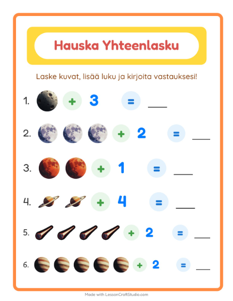 Esikatselu: Yhteenlasku-tehtäväarkki, aiheena Avaruus, Esiopetus