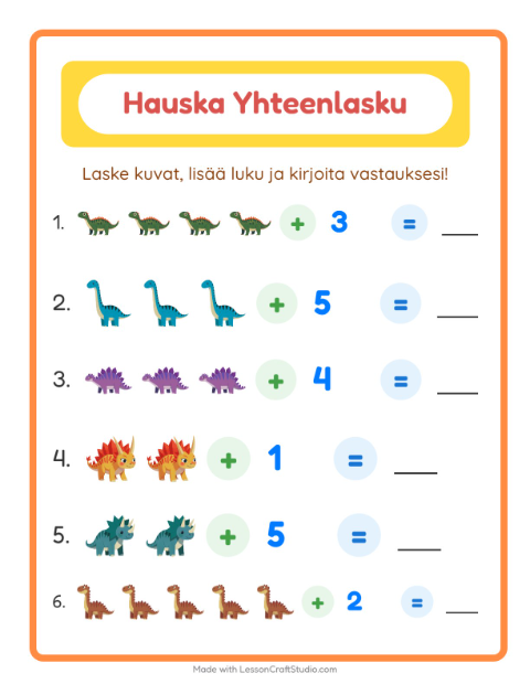 Esikatselu: Yhteenlasku-tehtäväarkki, aiheena Dinosaurukset, Esiopetus