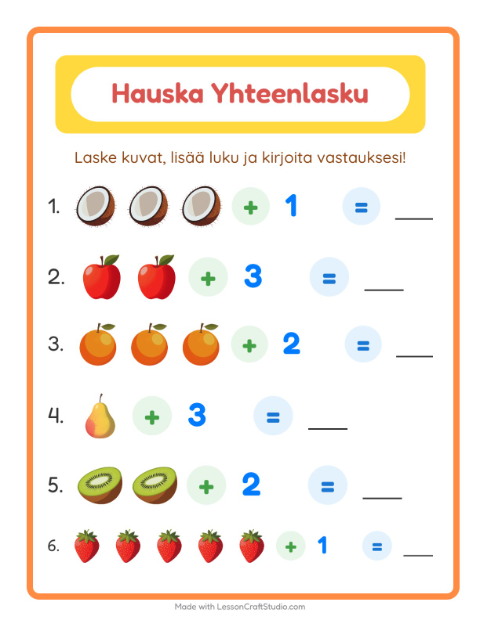 Esikatselu: Yhteenlasku-tehtäväarkki, aiheena Hedelmät, Esiopetus