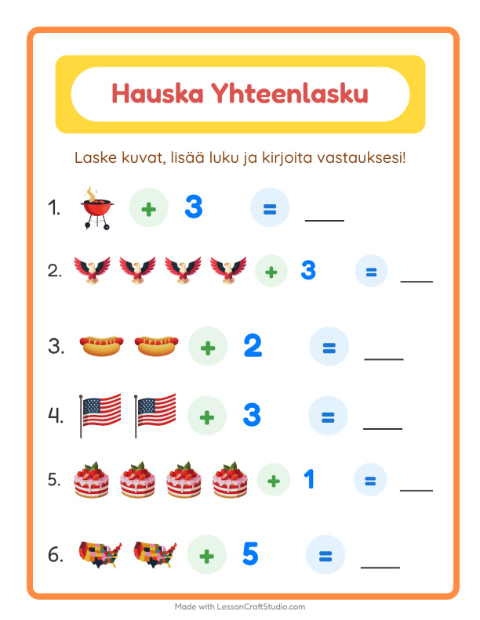Esikatselu: Yhteenlasku-tehtäväarkki, aiheena Heinäkuun 4., Esiopetus