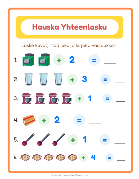 Esikatselu: Yhteenlasku-tehtäväarkki, aiheena Keittiövälineet, Esiopetus
