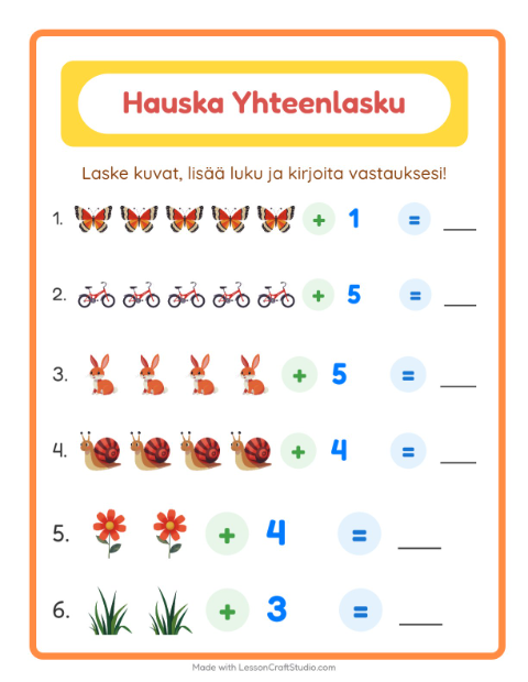 Esikatselu: Yhteenlasku-tehtäväarkki, aiheena Kevät, Esiopetus