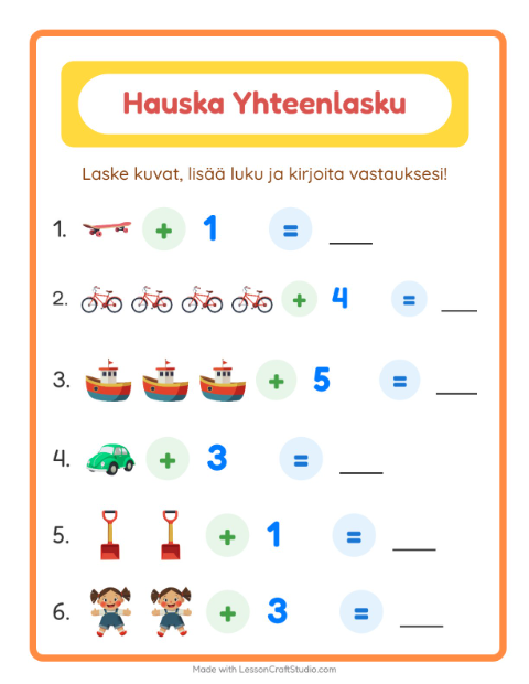 Esikatselu: Yhteenlasku-tehtäväarkki, aiheena Lelut, Esiopetus