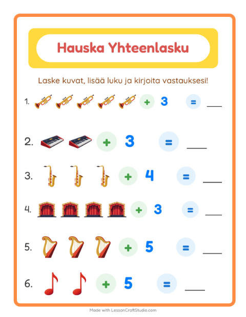 Esikatselu: Yhteenlasku-tehtäväarkki, aiheena Musiikki, Esiopetus