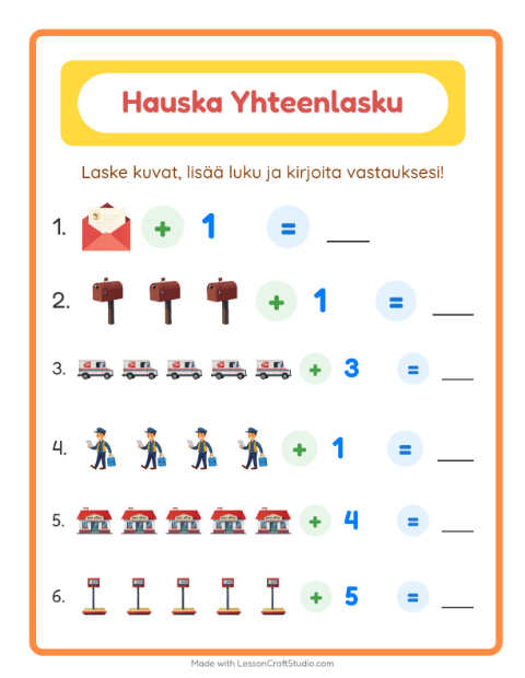 Esikatselu: Yhteenlasku-tehtäväarkki, aiheena Postitoimisto, Esiopetus