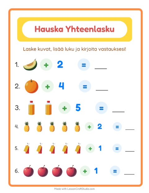 Esikatselu: Yhteenlasku-tehtäväarkki, aiheena Ruokakaupassa, Esiopetus