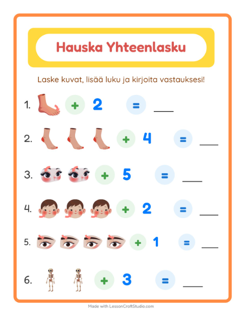 Esikatselu: Yhteenlasku-tehtäväarkki, aiheena Ruumiinosat, Esiopetus