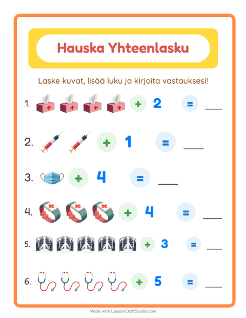 Esikatselu: Yhteenlasku-tehtäväarkki, aiheena Sairaala, Esiopetus
