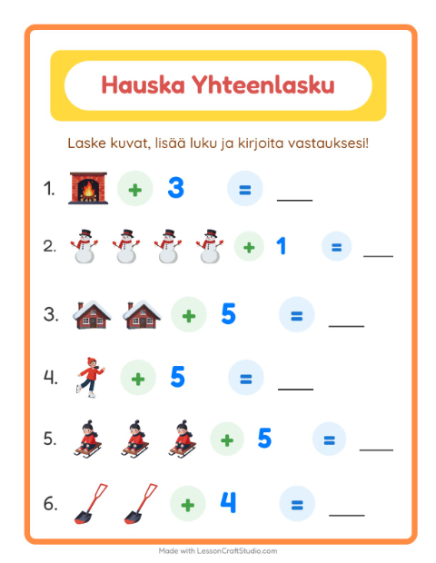 Esikatselu: Yhteenlasku-tehtäväarkki, aiheena Talvi, Esiopetus
