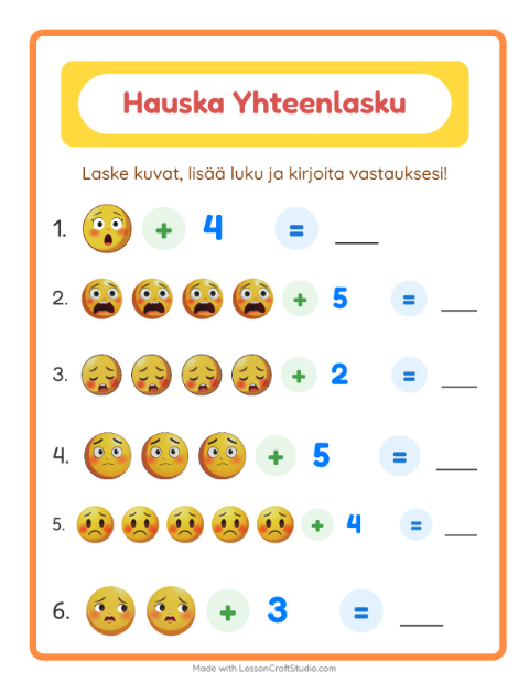 Esikatselu: Yhteenlasku-tehtäväarkki, aiheena Tunteet, Esiopetus