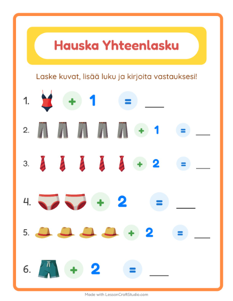 Esikatselu: Yhteenlasku-tehtäväarkki, aiheena Vaatteet, Esiopetus