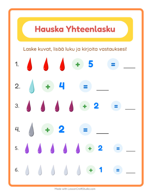Esikatselu: Yhteenlasku-tehtäväarkki, aiheena Värit, Esiopetus