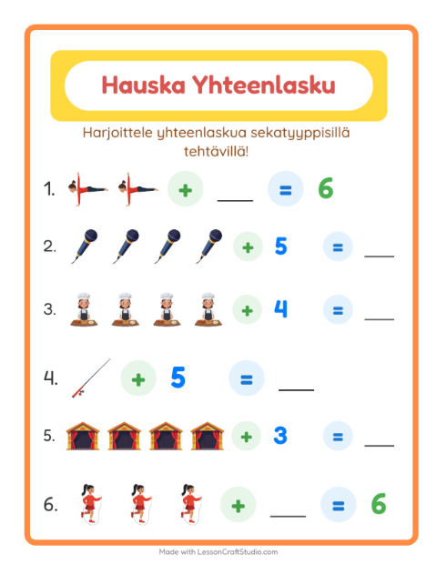 Esikatselu: Yhteenlasku-tehtäväarkki, aiheena Aktiviteetit, Esiopetus