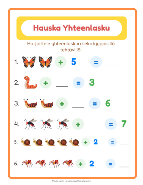 Esikatselu: Yhteenlaskua sekaisin: Hyönteiset ja ötökät – 1. luokan oppilaille