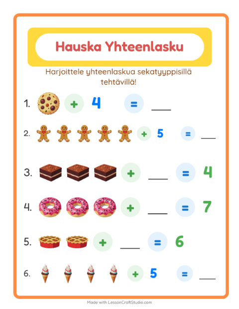 Esikatselu: Yhteenlaskua sekaisin: Jälkiruoat ja makeiset – 1. luokan oppilaille