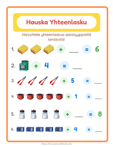 Esikatselu: Yhteenlasku-tehtäväarkki, aiheena Keittiövälineet, Esiopetus