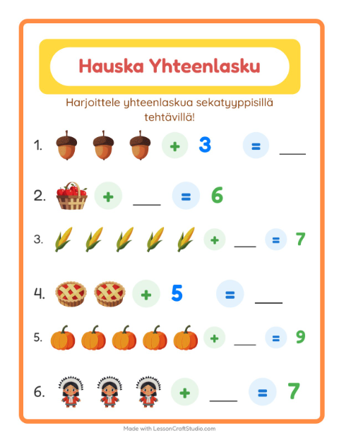 Esikatselu: Yhteenlasku-tehtäväarkki, aiheena Kiitospäivä, Esiopetus