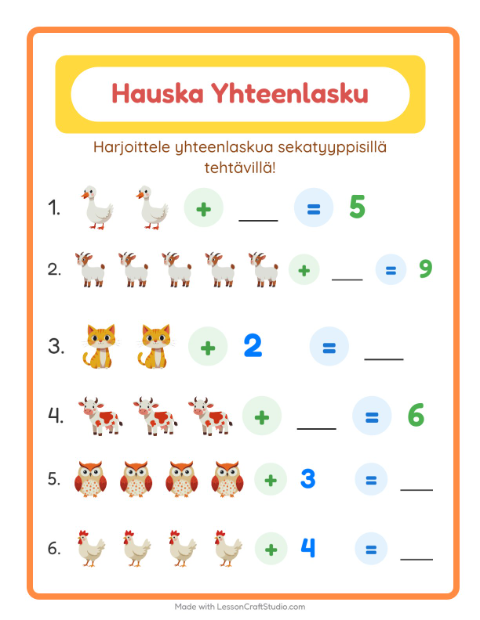 Yhteenlaskua sekaisin – Maatilan eläimet
