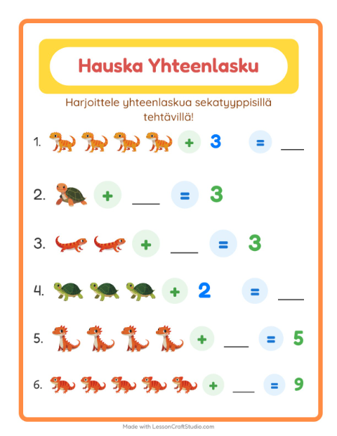 Esikatselu: Yhteenlasku-tehtäväarkki, aiheena Matelijat ja sammakkoeläimet, Esiopetus