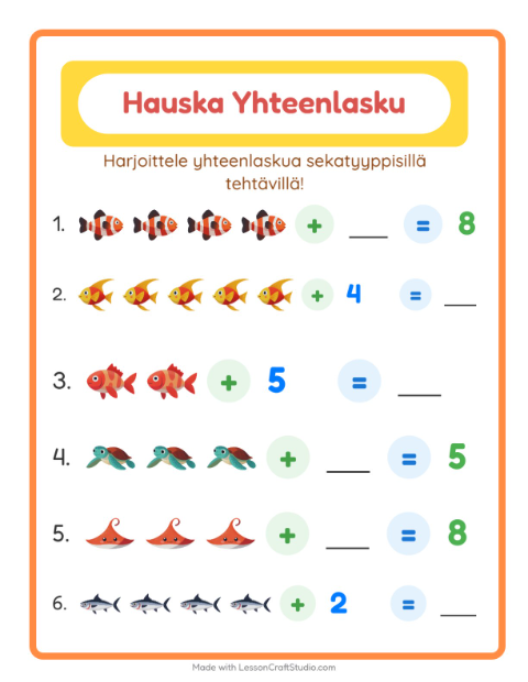 Esikatselu: Yhteenlasku-tehtäväarkki, aiheena Merielämä, Esiopetus