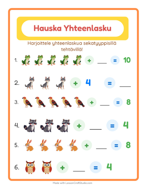 Esikatselu: Yhteenlasku-tehtäväarkki, aiheena Metsän eläimet, Esiopetus