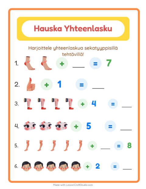 Esikatselu: Yhteenlasku-tehtäväarkki, aiheena Ruumiinosat, Esiopetus