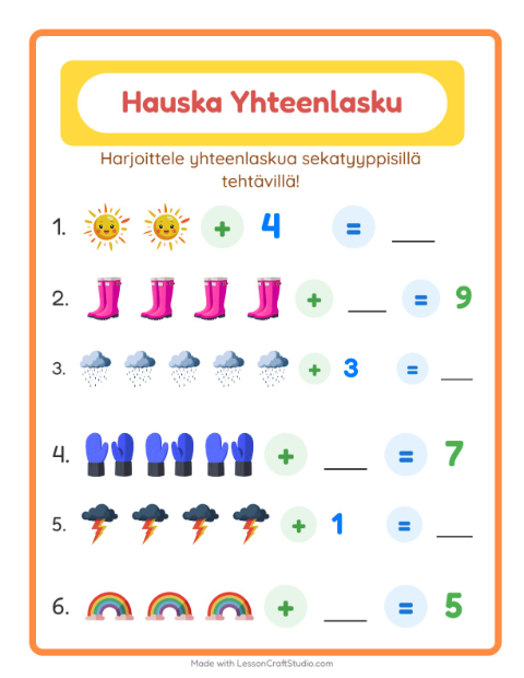 Esikatselu: Yhteenlasku-tehtäväarkki, aiheena Sää, Esiopetus