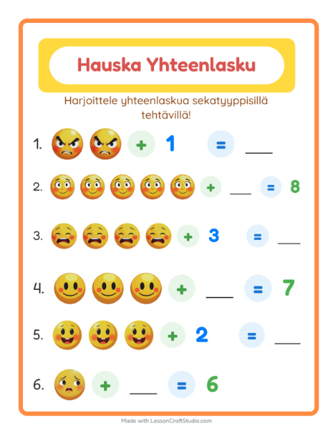 Esikatselu: Yhteenlasku-tehtäväarkki, aiheena Tunteet, Esiopetus