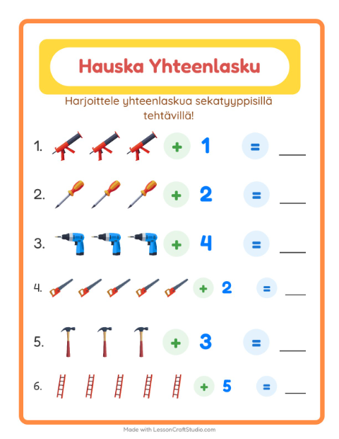 Esikatselu: Yhteenlaskua sekaisin: Työkalut – 1. luokan oppilaille