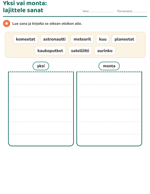 Esikatselu: Yksi vai monta-tehtäväarkki, aiheena Avaruus, 1. luokka