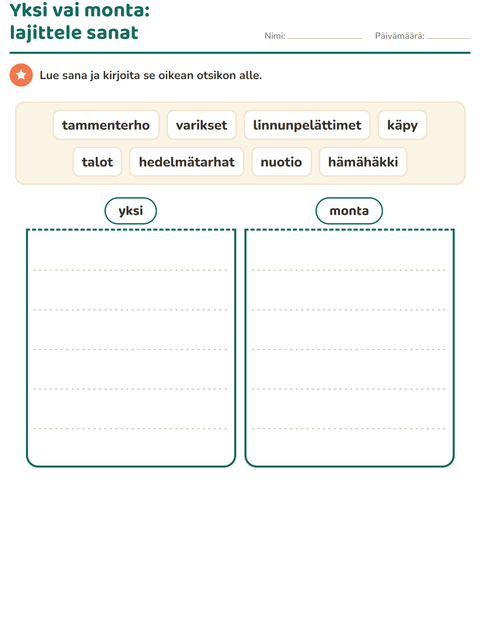 Esikatselu: Yksi vai monta-tehtäväarkki, aiheena Sekalaista, 1. luokka