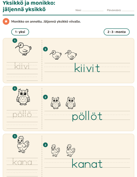 Esikatselu: Yksikkö ja monikko-tehtäväarkki, aiheena Linnut M&V, Esiopetus
