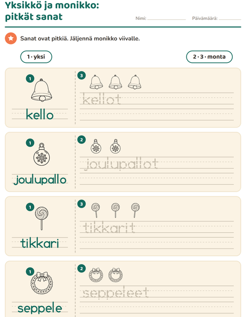 Esikatselu: Yksikkö ja monikko-tehtäväarkki, aiheena Joulu M/V, Esiopetus