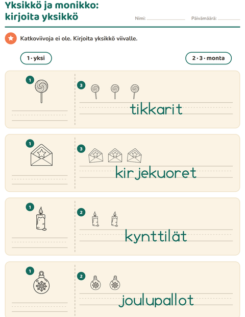 Esikatselu: Yksikkö ja monikko-tehtäväarkki, aiheena Joulu M/V, Esiopetus