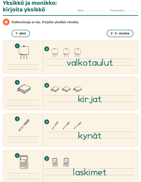Esikatselu: Yksikkö ja monikko-tehtäväarkki, aiheena Luokkahuone 2 (M/V), Esiopetus
