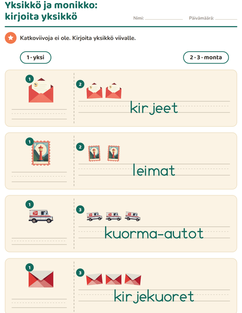 Esikatselu: Yksikkö ja monikko-tehtäväarkki, aiheena Postitoimisto, Esiopetus