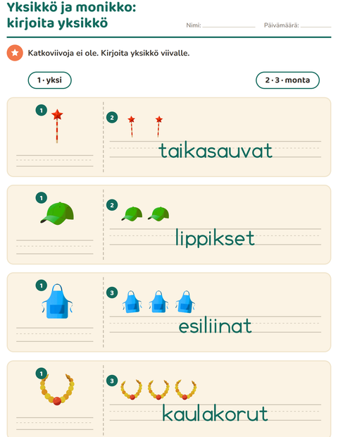 Esikatselu: Yksikkö ja monikko-tehtäväarkki, aiheena Asusteet, Esiopetus