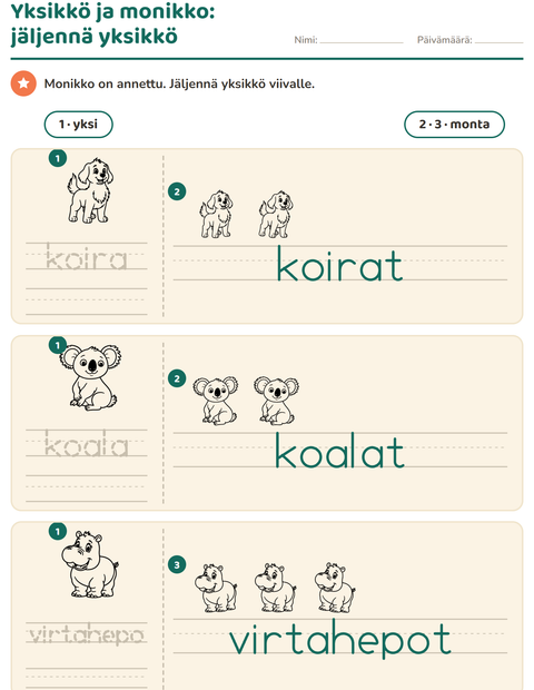 Esikatselu: Yksikkö ja monikko-tehtäväarkki, aiheena Eläintarhan eläimet MV, Esiopetus