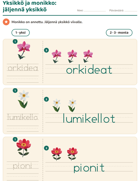 Esikatselu: Yksikkö ja monikko-tehtäväarkki, aiheena Kukat, Esiopetus