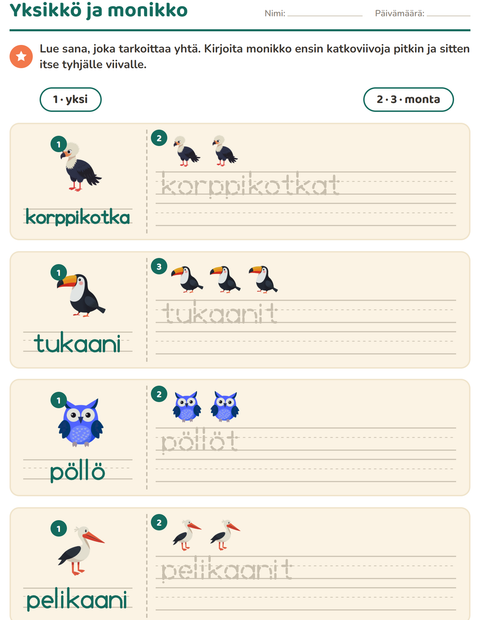 Esikatselu: Yksikkö ja monikko-tehtäväarkki, aiheena Linnut, Esiopetus