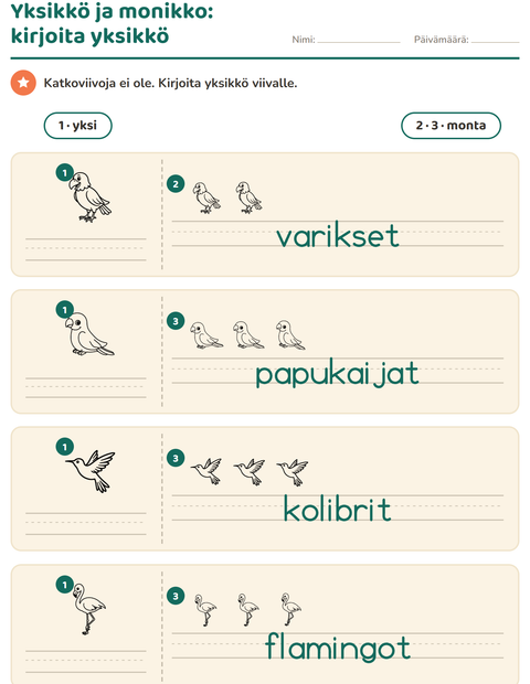 Esikatselu: Yksikkö ja monikko-tehtäväarkki, aiheena Linnut M&V 2, Esiopetus
