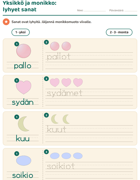 Esikatselu: Yksikkö ja monikko-tehtäväarkki, aiheena Muodot, Esiopetus