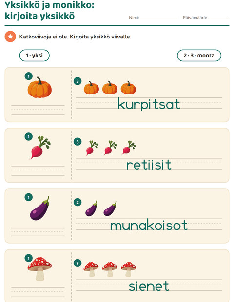 Esikatselu: Yksikkö ja monikko-tehtäväarkki, aiheena Vihannekset, Esiopetus